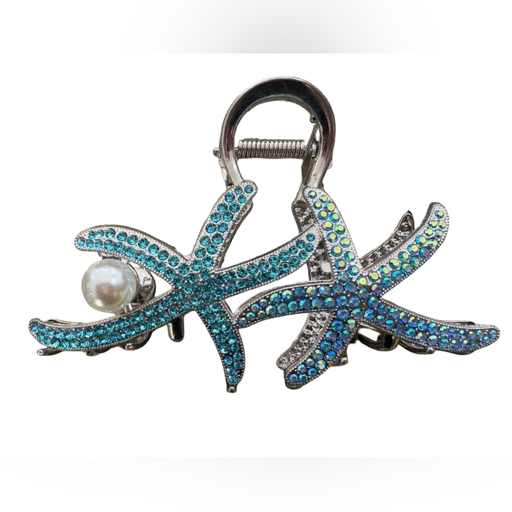 Blue Rhinestone Starfish Hair Claw Clip Pearl Beach Coastal Hair Accessory
